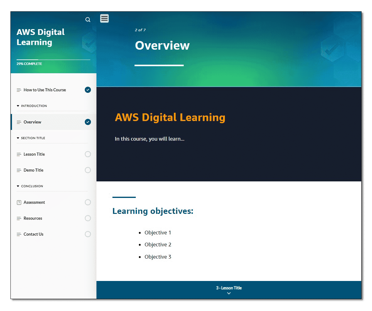 A sample Rise course, a search icon, left navigation, and main content are displayed. Additional description in markers.