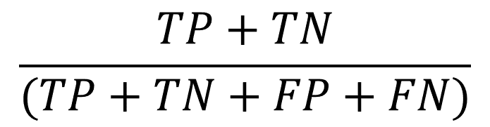 Formula for accuracy : tp + tn divided by tp + tn + fp + fn